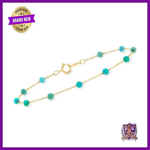 Jewelry - 14kt Yellow Gold Turquoise Bead Bracelet, 7 Inches, Springring Clasp